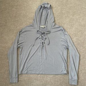 Express One Eleven Hoodie Womens Small Blue/Grey Lightweight Shirt Lace Up Tie